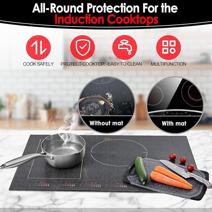 Large Translucent Induction Cooktop Protector Mat 21.2"x35.4", Silicone Fiberglass Magnetic Stove Scratch Protector, Non-Slip Pads Prevents Pot Sliding & Scratches for Safe Cooking