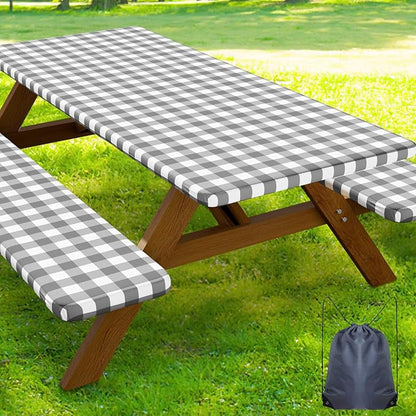 Smiry Picnic Table Cover with Bench Covers, Waterproof Elastic Fitted Tablecloths for 24x48 Rectangle Tables, Washable Buffalo Plaid Tablecloth for Camping, Outdoor (Grey & White, 24" x 48")
