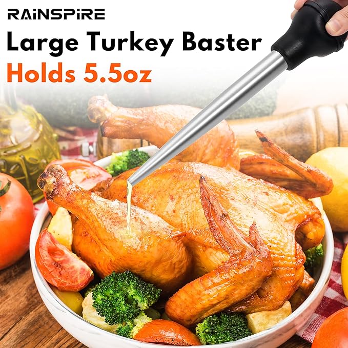 Rainspire Upgraded Large Stainless Steel Turkey Baster for Cooking With 2 Detachable Needles and Cleaning Brush Premium Baster Tool for Cooking Dishwasher Safe Home Baking Kitchen Tool, Black