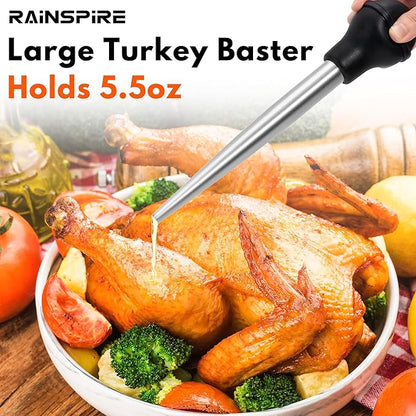Rainspire Upgraded Large Stainless Steel Turkey Baster for Cooking With 2 Detachable Needles and Cleaning Brush Premium Baster Tool for Cooking Dishwasher Safe Home Baking Kitchen Tool, Black