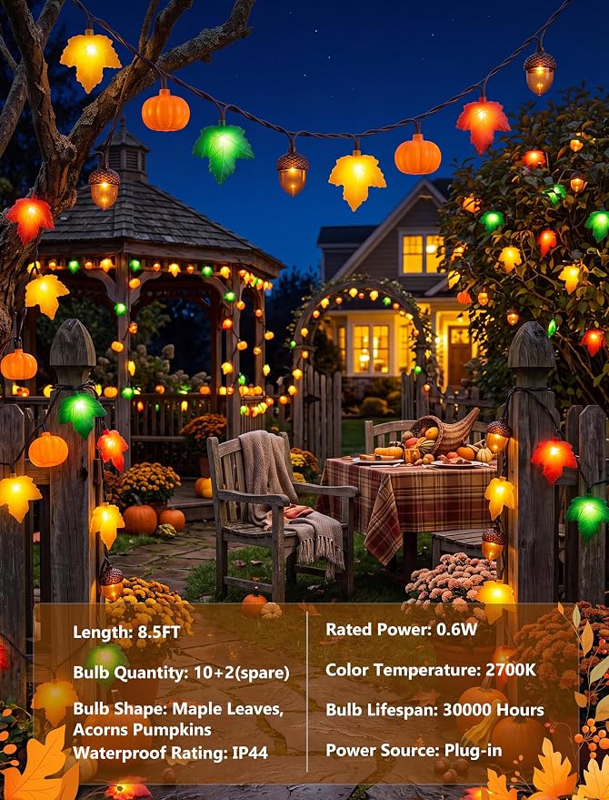 8.5Ft Fall Decor String Lights, 10 LED 3D Pumpkin Acorn Maple Leaf Plug in | End-to-end Connectable, Waterproof & UL Listed Vintage Bedroom Autumn Party Harvest Fall Halloween Thanksgiving Decorations