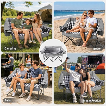 HOPERAN Double Camping Chair 800lbs Camping Couch Folding Loveseat, Grey | 59" Wide Seat, 600D Fabric, Thickened Padding, Cooler Bag, Side&Rear Pocket, Cup&Wine Glass Holder, for Lawn Patio Beach