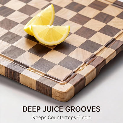 Checkerboard Cutting Boards for Kitchen, Acacia Wooden Cutting Board, End Grain Chopping Board with Juice Groove, Serving Tray for Meat, Vegetables, Fruits, Bread, Cheese, 14" X 11" X 0.8"