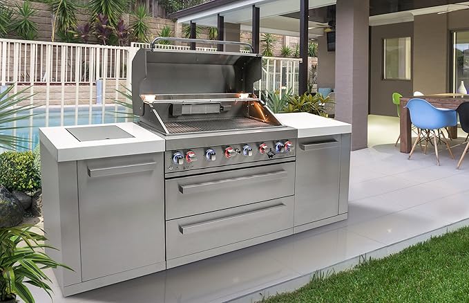 Mont Alpi Premium 94"W x 23"D x 46"H Stainless Steel Modular Outdoor Kitchen Island with Infrared Side Burner + 44"W 6-Burner BBQ Gas Grill + White Granite Countertops + Storage Cabinets & Drawers