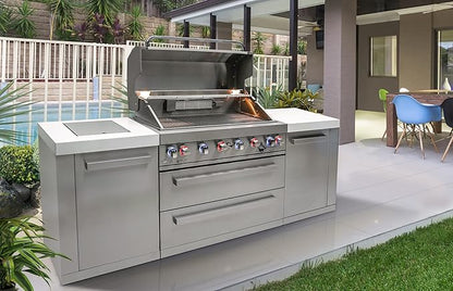 Mont Alpi Premium 94"W x 23"D x 46"H Stainless Steel Modular Outdoor Kitchen Island with Infrared Side Burner + 44"W 6-Burner BBQ Gas Grill + White Granite Countertops + Storage Cabinets & Drawers