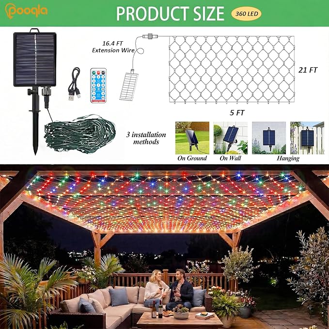 Pooqla Solar Net Lights, 21x5ft 360LED Christmas Net Lights Outdoor with 8 Modes, Solar & USB Powered Waterproof Green Wire Net Mesh String Lights for Bush Backyard Patio Decor, Colorful