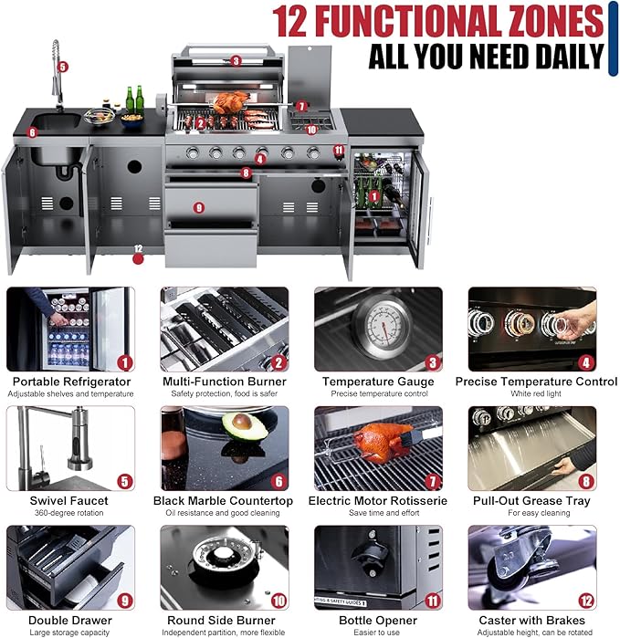 104" Modular Outdoor Kitchen Island, 75,300 BTU 6-Burner 304 Stainless Steel Propane Gas Grill, Prefab BBQ Island Station with Side Burner, Rotisserie Kit, 68L Fridge, Sink & Granite Countertops