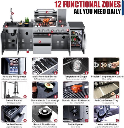 104" Modular Outdoor Kitchen Island, 75,300 BTU 6-Burner 304 Stainless Steel Propane Gas Grill, Prefab BBQ Island Station with Side Burner, Rotisserie Kit, 68L Fridge, Sink & Granite Countertops