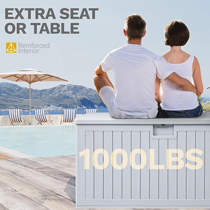 DWVO 180 Gallon Double-Wall Deck Box, XL Large Resin Outdoor Storage Box, Lockable & Waterproof, Double as Seating, 1000lbs Capacity (Grayish-White)