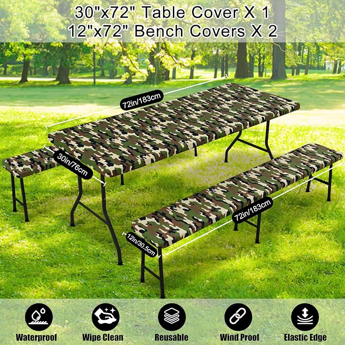 Smiry Picnic Table Cover with Bench Covers, Waterproof Elastic Fitted Tablecloth for 6 Foot Tables, Washable Polyester Camo Tablecloths for Camping & Patriotic Decor (Olive Drab, 30x72 Inch 3-pc Set)