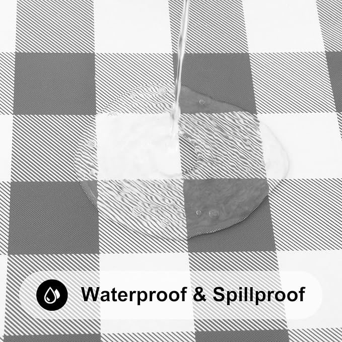 Smiry Rectangle Picnic Table Cloth, Elastic Waterproof Fitted Vinyl Tablecloths, Flannel Backed Buffalo Plaid Table Covers for Dining, Camping, Outdoor (White and Grey, 30" x 96")