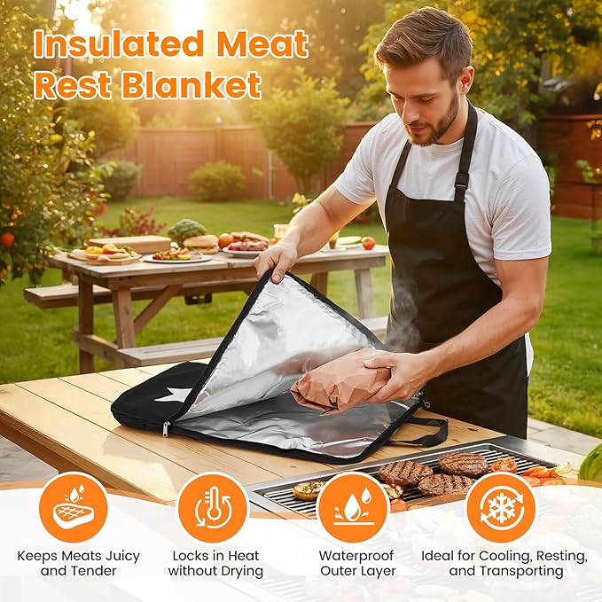 Pro BBQ Grill Tool Set 6-Piece - Stainless Steel Barbecue Accessories Kit with Heat Resistant Gloves, Meat Resting Blanket, Apron, 2 Grill Baskets & Cleaning Brush for Outdoor Camping Gifts