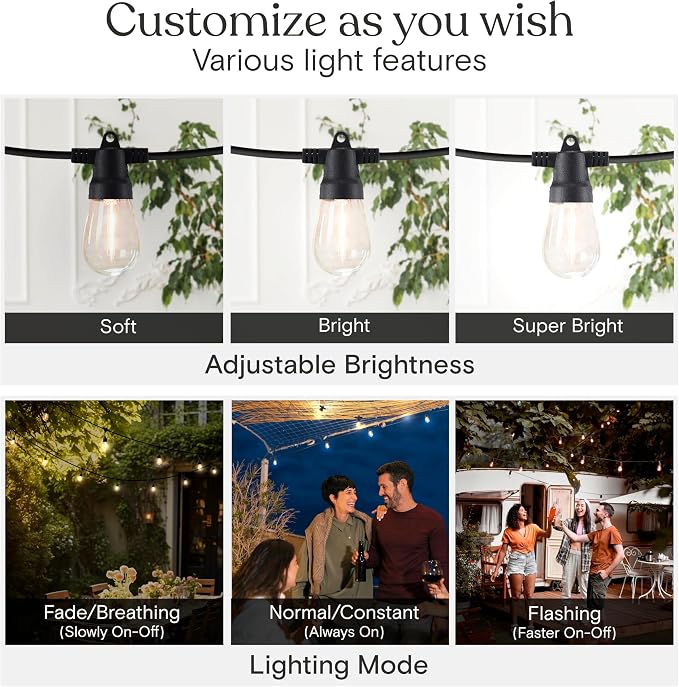 Brightech Solar String Lights with 48 Hanging Edison Bulbs and Brightness Controls with Remote 7W-104 3000K