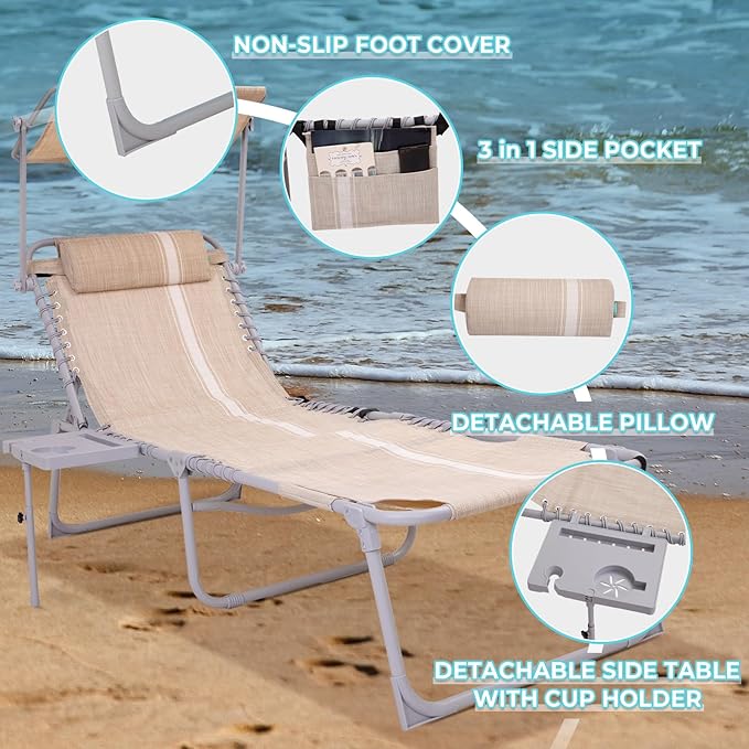 #WEJOY Tanning Chair with Face Hole & Canopy & Side Table, 5 Positions Adjustable Sunbathing Lounge Chair Facedown Chaise Lounge with Pillow Quick Dry for Beach Pool Outdoor Camping Patio,Khaki
