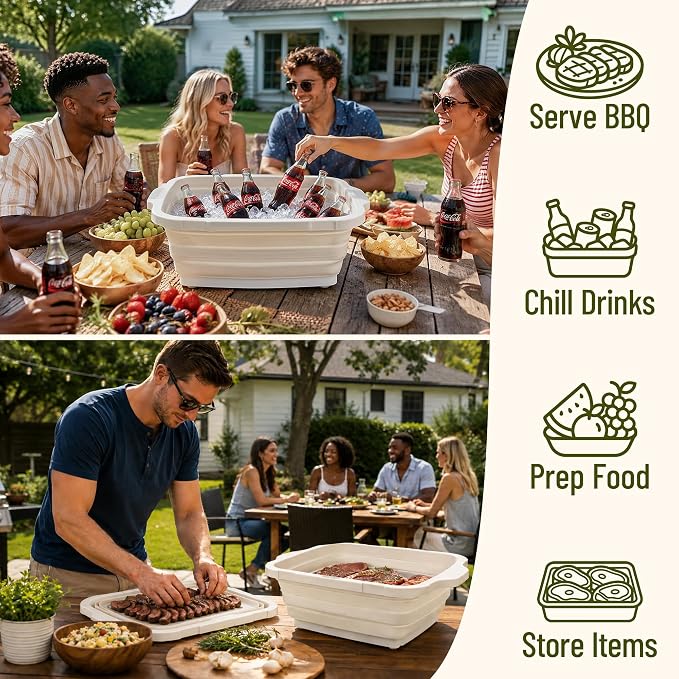 BBQ Prep Tub,16L Collapsible Cutting Board with Locking Lid, White for Camp | Foldable Marinating Basin, Leak-Resistant Edges, Space-Saving Storage, For Camping, Picnic, Tailgate, RV, Backyard Grilling