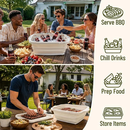BBQ Prep Tub,16L Collapsible Cutting Board with Locking Lid, White for Camp | Foldable Marinating Basin, Leak-Resistant Edges, Space-Saving Storage, For Camping, Picnic, Tailgate, RV, Backyard Grilling