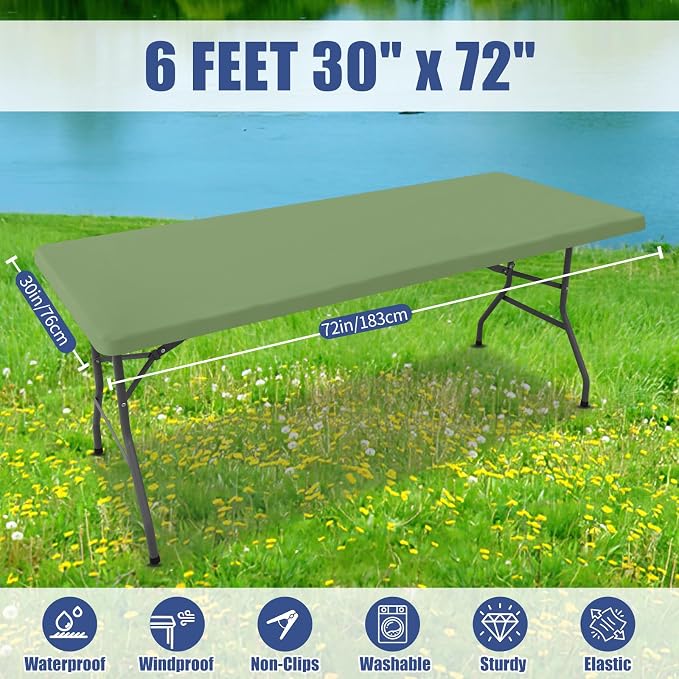 Moosfor Spandex 6 Foot Rectangle Table Cloth, Elastic Fitted Tablecloths for Picnic, Stretch Washable Patio Table Cover for Outdoor, Camping, Banquet and Parties (Sage Green, 30"x72")