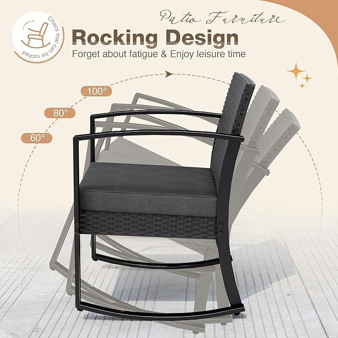 Greesum 3 Pieces Outdoor Furniture Set Patio Bistro Rocking Chairs with Glass Coffee Table for Pool Beach Backyard Balcony Porch Deck Garden, Black