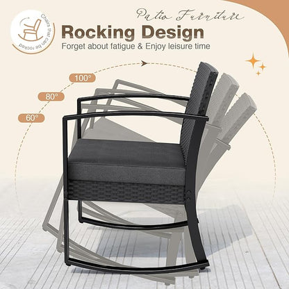 Greesum 3 Pieces Outdoor Furniture Set Patio Bistro Rocking Chairs with Glass Coffee Table for Pool Beach Backyard Balcony Porch Deck Garden, Black