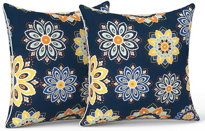 LVTXIII Outdoor Throw Pillows 18x18 Patio Waterproof Square Pillows with Piping Fade Resistant Accent Pillow for Spring Summer Garden Decoration, Set of 2, Bloom Medallion‌ Cobalt