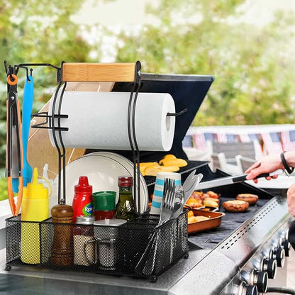 FANGSUN Grill Caddy, BBQ Caddy with Paper Towel Holder, Picnic Condiment Utensil Caddy for Outdoor Camping, Barbecue Accessories Storage Organizer for Griddle Grilling Tools, RV Patio Camper Must-Have