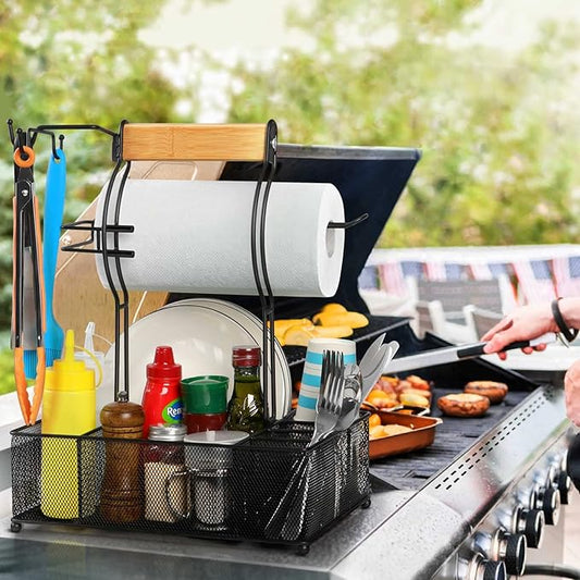 FANGSUN Grill Caddy, BBQ Caddy with Paper Towel Holder, Picnic Condiment Utensil Caddy for Outdoor Camping, Barbecue Accessories Storage Organizer for Griddle Grilling Tools, RV Patio Camper Must-Have