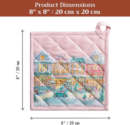 Maison d' Hermine Pot Holders 100% Cotton Potholders (8" x 8", Pack of 2) | Heat Resistant Hot Pads with Loop BBQ Cooking Kitchen Handling Hot Pans Thanksgiving Christmas - Christmas Market - Pink