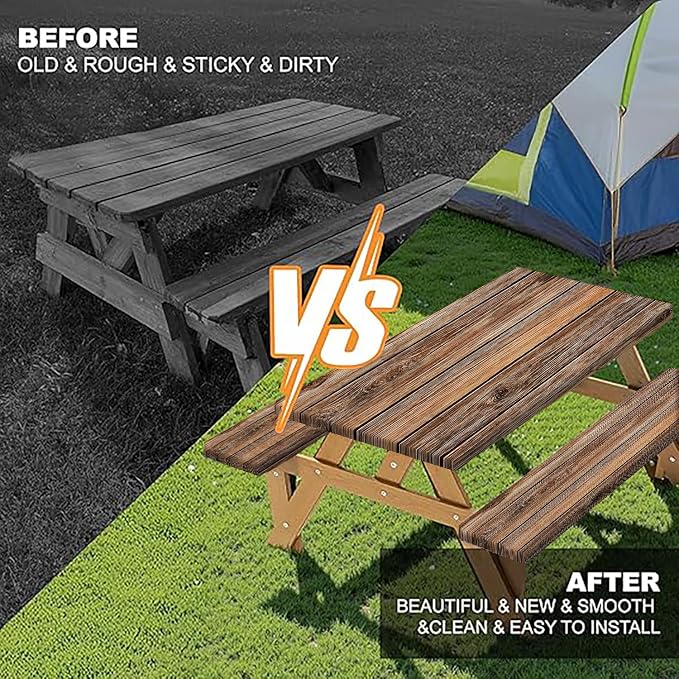 Farmhouse Picnic Table Cover with Bench Covers Camping Essentials Brown Wood Grain Waterproof Windproof Camping Tablecloth Fitted Tablecloth Cover with Elastic Edge for Indoor Outdoor 3 PCS 30x60 Inch