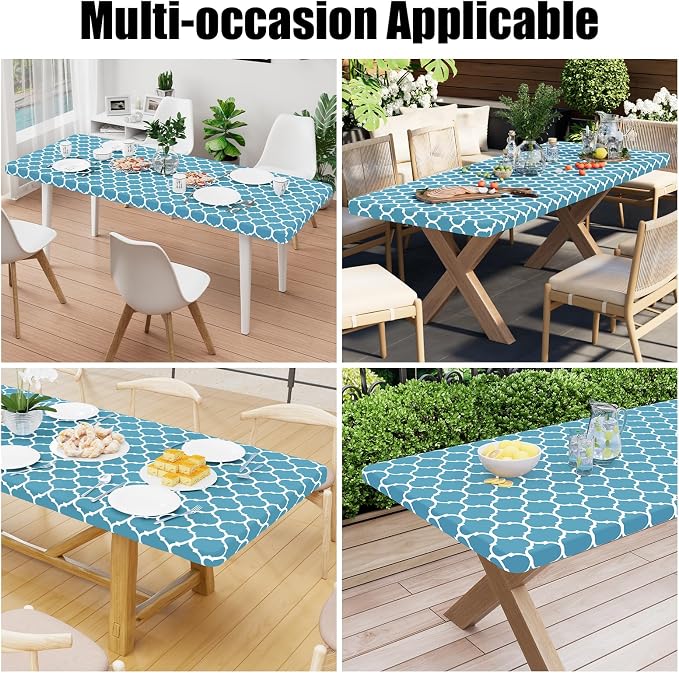 Smiry Picnic Fitted Table Cover, 8 Foot Flannel Backed Vinyl Tablecloth | Waterproof Elastic Stretch Table Cloth, Wipeable Plastic Tablecloth for Camping, Indoor & Outdoor (Light Blue, 30" x 96")