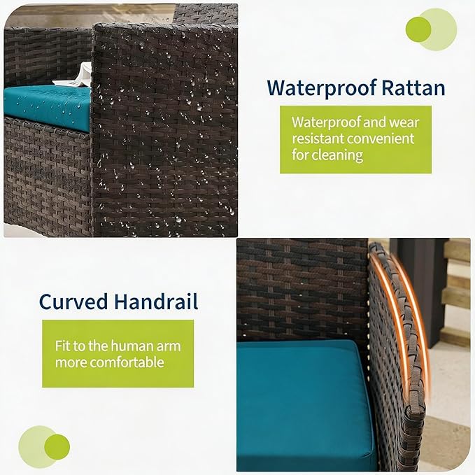 3-Piece Outdoor Furniture Set, PE Rattan Wicker Chairs with Soft Cushions & Tempered Glass Coffee Table - All-Weather Patio Set for Garden, Backyard, Porch, Poolside (Brown/Peacock Blue)