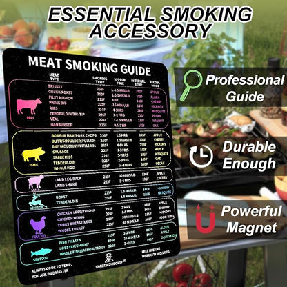 Meat Smoker Guide Premium Smoker Accessories for Grilling & Smoking Meats Including Wood Type Cook Time, Waterproof Magnet Sheet for Quick Reference，Grilling Gifts for Men
