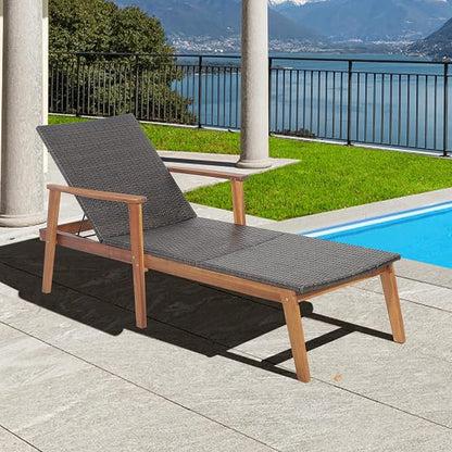 COSTWAY Patio Rattan Chaise Lounge Chair Recliner Back Adjustable Acacia Wood Garden