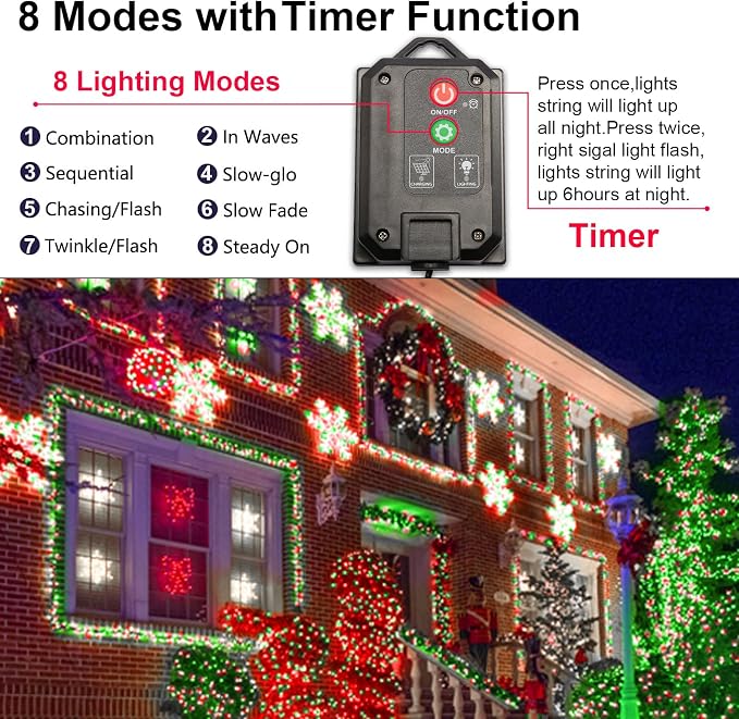 Solar Christmas String Lights, Red White Green 200Led, Outdoor | 2 Pack Total 400Led 144Ft 8 Mode, IP44 Waterproof Outside Fairy Lights for Tree, Garden, Patio, Lawn, Party, Yard Decorations