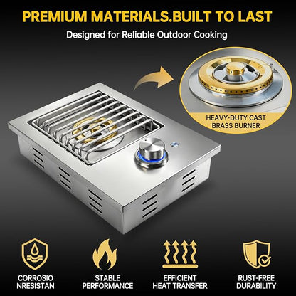 Built-In Single Side Burner for Outdoor Grill with Cover, LED Control Knob | Heavy-Duty 304 Stainless Steel Drop-In Side Burner, 17,500 BTU Propane & Natural Gas Burner for BBQ Island Outdoor Kitchen