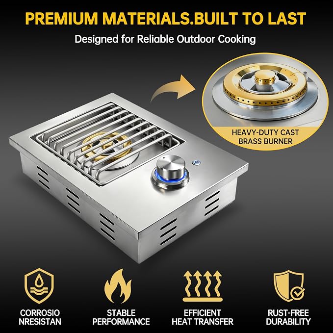 Built-In Single Side Burner for Outdoor Grill with Cover, LED Control Knob | Heavy-Duty 304 Stainless Steel Drop-In Side Burner, 17,500 BTU Natural Gas & Propane Burner for BBQ Island Outdoor Kitchen