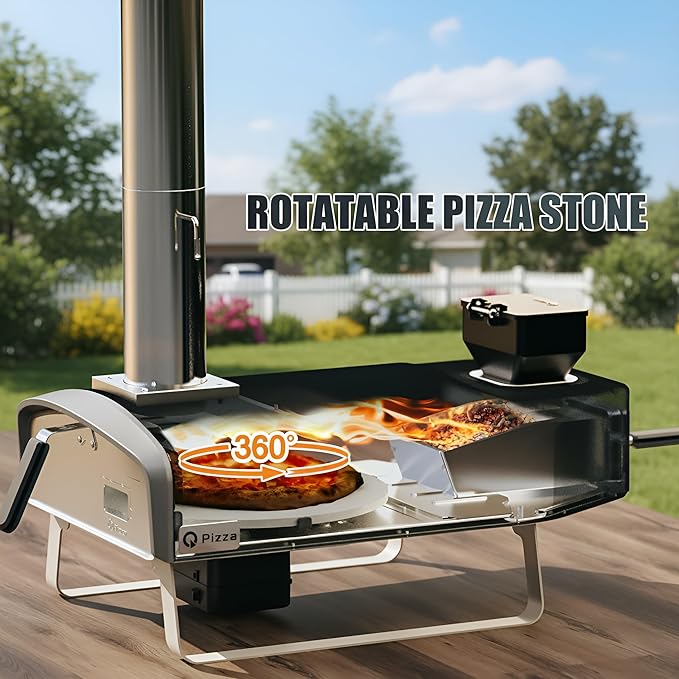 Wood Pellet Pizza Oven with Rotatable Stone, Portable Pellet Pizza Oven with Chimney and Door, Outdoor Pizza Stove for Backyard, Camping, Picnicking, RV, Tailgating, PS106