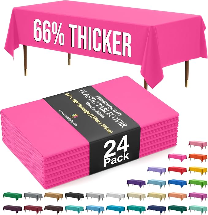 Exquisite 66% Thicker Premium Plastic Table Cloth Rectangle Table Cover 0.5 Mil 24 Pack Cerise Table Cloth 54 Inch x 108 Inch Disposable Tablecloth Won't Tear Easily Like Cheap Thin Brands