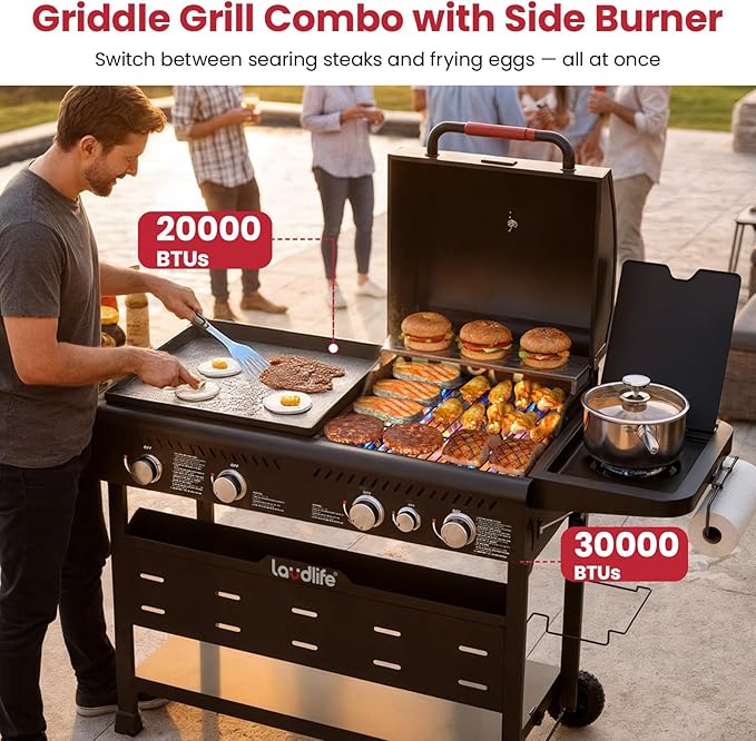 LAUDLIFE 5-Burner Propane Grill Griddle Combo with Side Burner, Dual Zone BBQ Gas Grill, Non-Stick Porcelain-Enameled Surface, Easy to Clean, 702 Sq.In. Cooking Area, Heavy-Duty Stand for Backyard