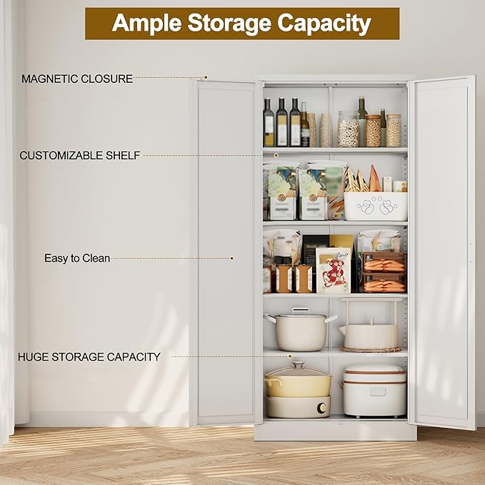 CJF White Kitchen Pantry Cabinet,71 Inch Tall Metal Storage Cabinet with 4 Adjustable Shelves and Doors, Freestanding Pantry Cabinet for Kitchen, Living Room, Dining Room, Bathroom, Easy to Assemble