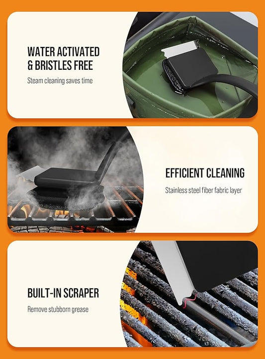 Grill Brush Bristle Free, Grill Cleaner Brush with 5 Replacement Heads, Ultra Safe Grill Brush for Outdoor Grill, Cast Iron, Stainless Steel Grates, Grill Scraper Outdoor BBQ Grill, Black