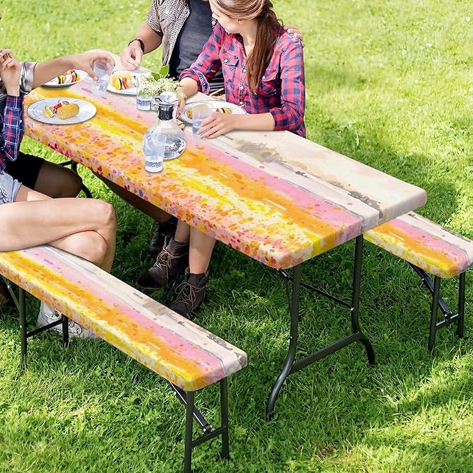Landscape Picnic Table Cover with Bench Covers for Camping Party Supplies Outdoor Picnic Table Cover with Elastic Band