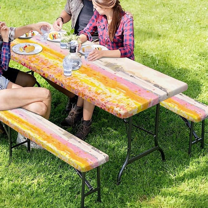 Landscape Picnic Table Cover with Bench Covers for Camping Party Supplies Outdoor Picnic Table Cover with Elastic Band