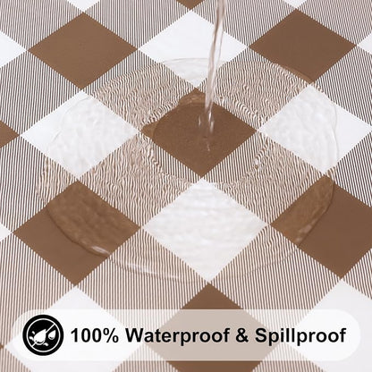 Smiry Rectangle Picnic Table Cloth, Elastic Waterproof Fitted Vinyl Tablecloths, Flannel Backed Buffalo Plaid Table Covers for Dining, Camping, Outdoor (White and Brown, 30" x 96")