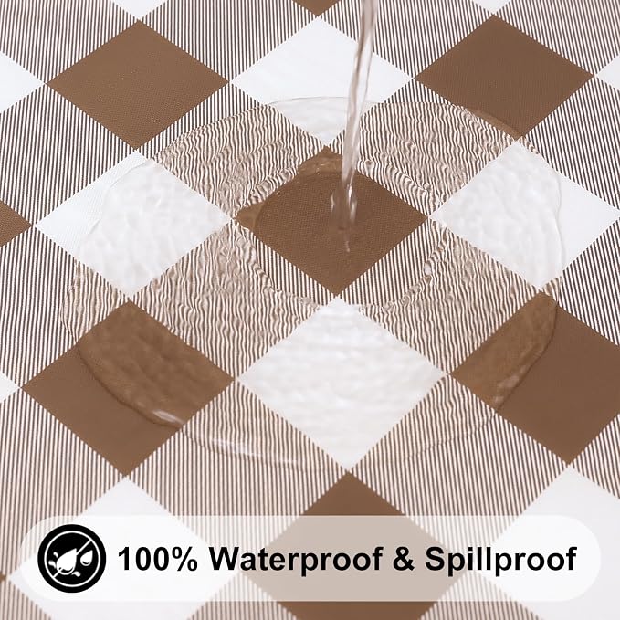 Smiry Rectangle Picnic Table Cloth, Elastic Waterproof Fitted Vinyl Tablecloths, Flannel Backed Buffalo Plaid Table Covers for Dining, Camping, Outdoor (White and Brown, 30" x 72")
