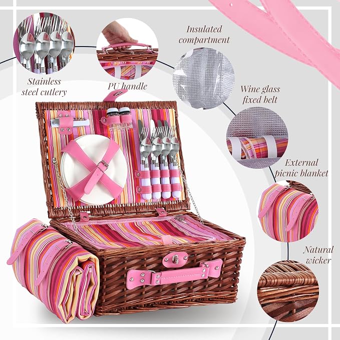 Wicker Picnic Basket Set for 4, Blanket, Cooler Bag, Pink Stripes | Four-Person Wicker Set Includes Tableware, Insulated Food Storage and Waterproof Blanket for Parks, Camping, Dates and Gifts