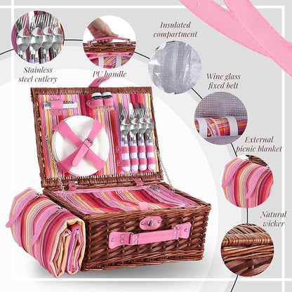 Wicker Picnic Basket Set for 4, Blanket, Cooler Bag, Pink Stripes | Four-Person Wicker Set Includes Tableware, Insulated Food Storage and Waterproof Blanket for Parks, Camping, Dates and Gifts