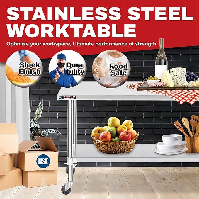 DuraSteel 24x60 NSF Stainless Steel Cart - Heavy Duty Food Prep Table with Undershelf - Rolling Kitchen Island on Wheels for Commercial Restaurant Kitchen, Garage, Outdoor Cooking, BBQ Grill, Counter