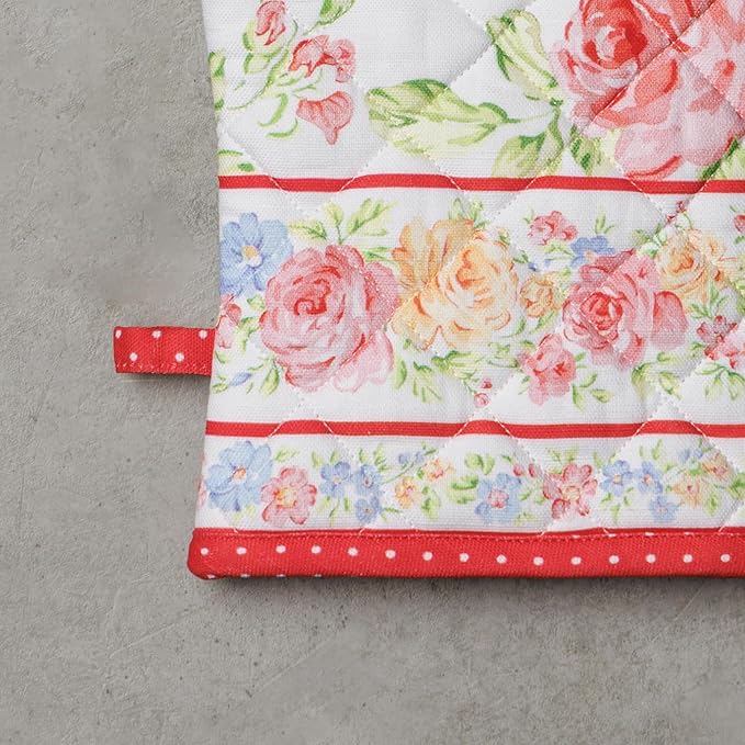 Maison d' Hermine 100% Cotton Oven Mitt & Pot Holder Set (7.5"x13" & 8"x8") Heat Resistant BBQ Cooking Gloves with Loop Baking Grilling Kitchen Hotel Home Farmhouse Spring Summer(Vintage Floral)