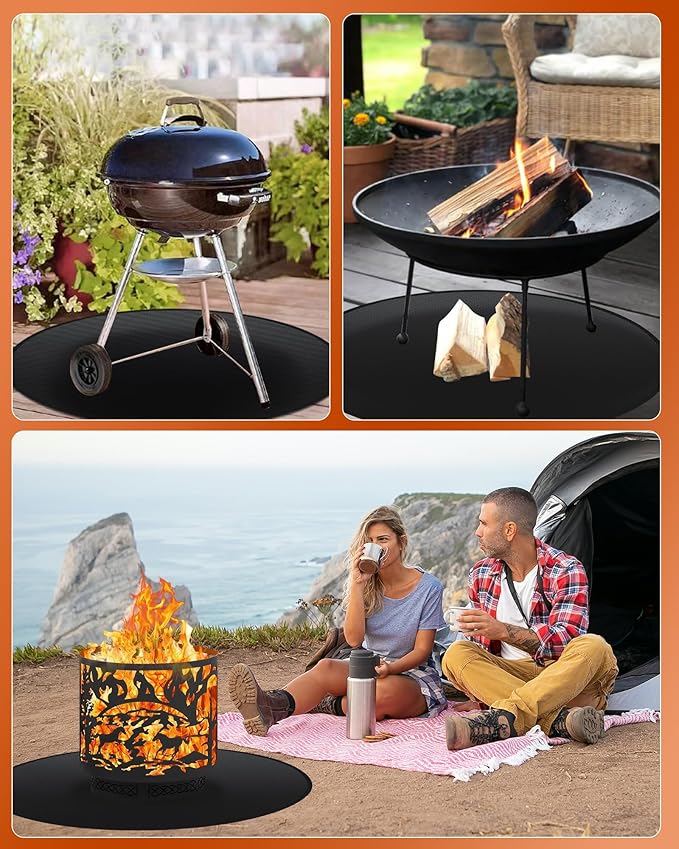 48" Round Fireproof Grill Mat for Deck & Patio, Double-Sided Silicone Coated Fiberglass, Heat Resistant Up to 2000°F, Reusable Under Grill Deck Protector for Fire Pit, Smokeless Stove, Outdoor BBQ