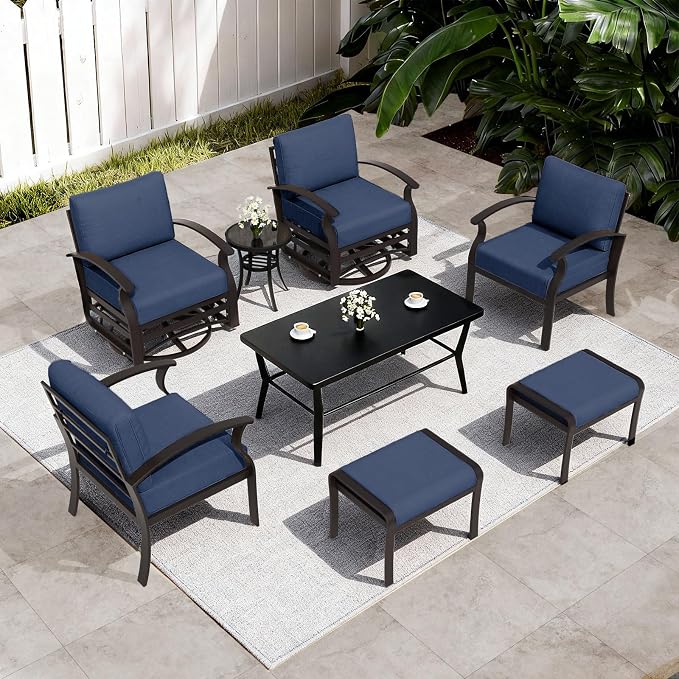 ALAULM Aluminum Patio Furniture Set with Coffee Table Rectangular, 6-seat Outdoor Sectional Furniture w/Swivel Chairs and 2 Ottomans, Patio Conversation Set for Porch, Backyard, Poolside-Dark Blue